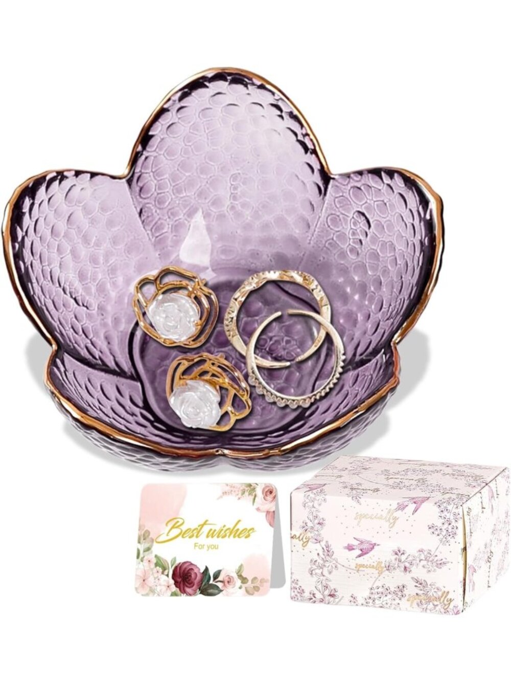 Cute Purple Flower Glass Ring Holder Dish - Aesthetic Jewelry Tray & Organizer